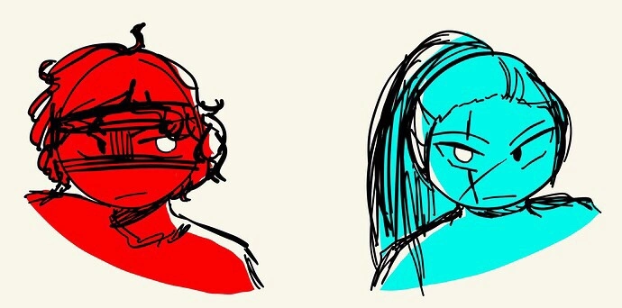 a sketch of Rael and Kat. Rael is colored in red, Kat is colored in teal.