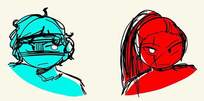 a sketch of Rael and Kat. Rael is colored in teal, Kat is colored in red.