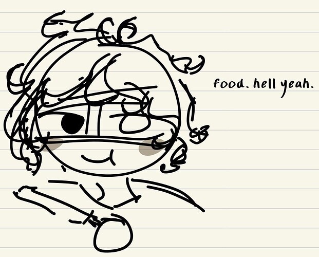 a doodle of rael eating a skewer, captioned with 'food. hell yeah.'